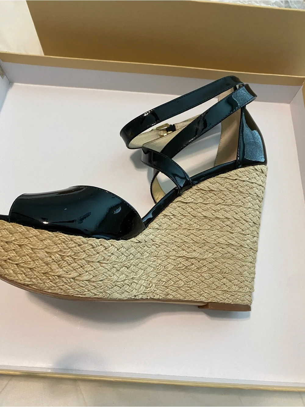 Michael Kors Black Patent Platform Sandals with Ankle Strap